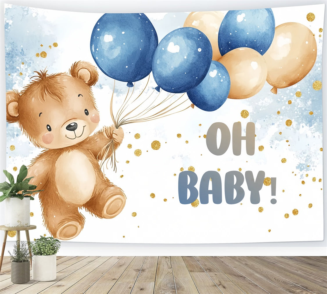 Baby Shower Balloon Backdrop Bear Blue Gold Backdrop UK CSH2-126