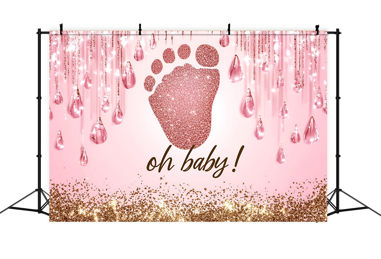 Pink Baby Shower Backdrop Glitter Footprints Drips Backdrop UK CSH2-131