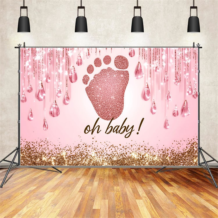 Pink Baby Shower Backdrop Glitter Footprints Drips Backdrop UK CSH2-131