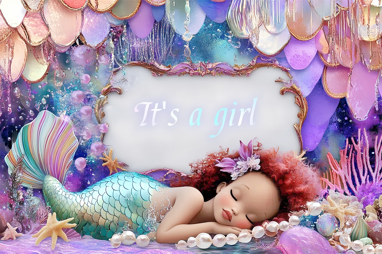 Baby Shower Backdrop Girl Mermaid Announcement Backdrop UK CSH2-143