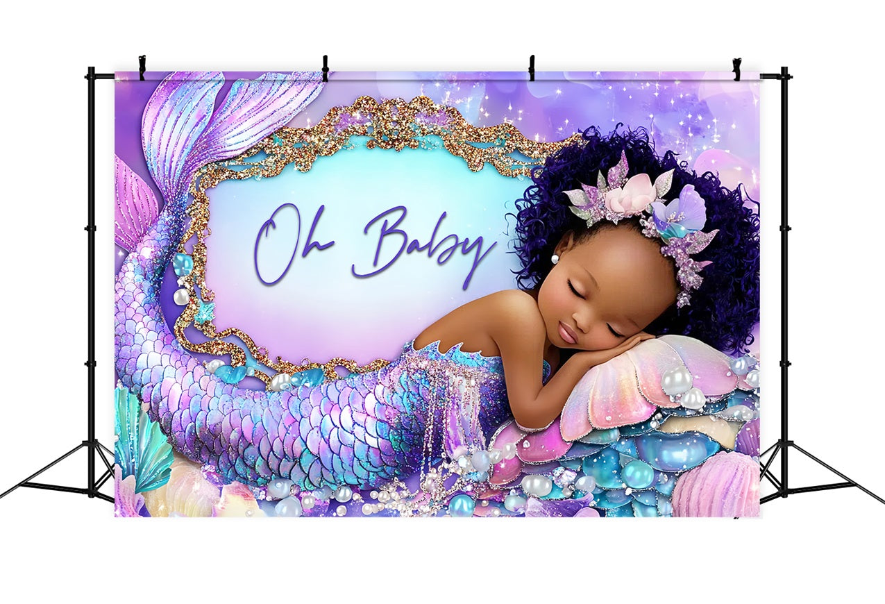 Backdrop For Baby Girl Shower Purple Mermaid Seashell Backdrop UK CSH2-145