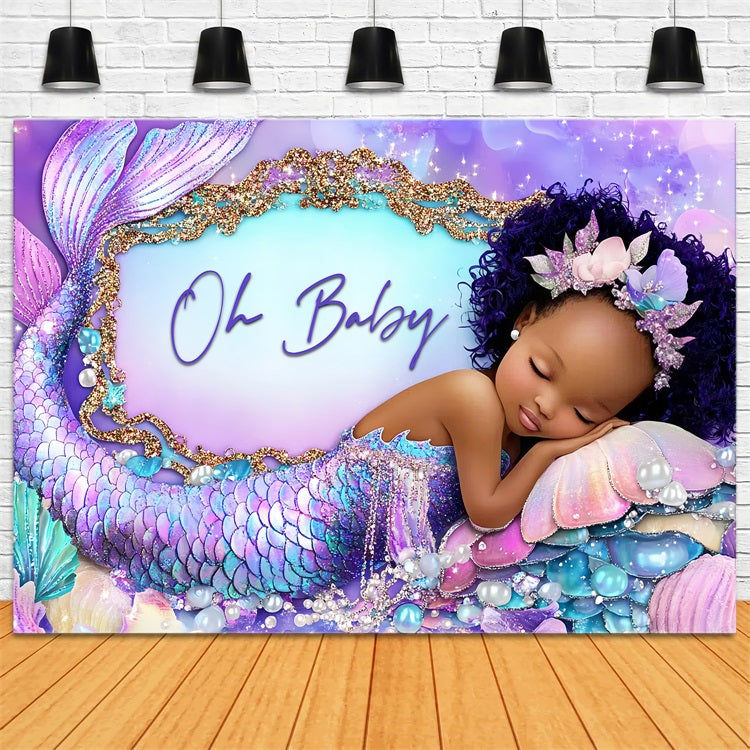 Backdrop For Baby Girl Shower Purple Mermaid Seashell Backdrop UK CSH2-145