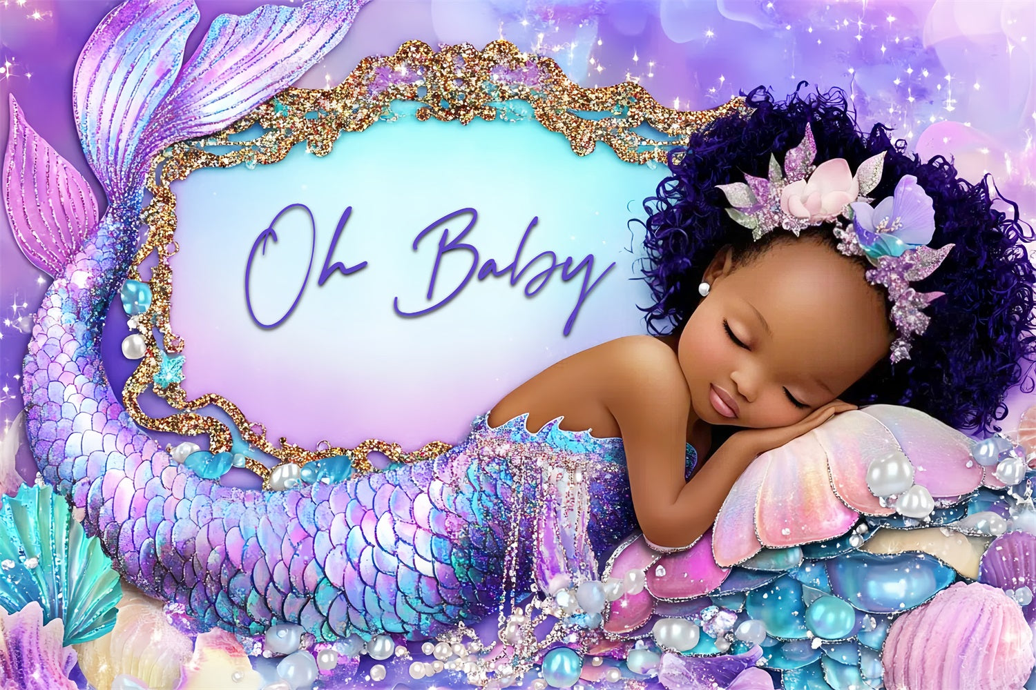 Backdrop For Baby Girl Shower Purple Mermaid Seashell Backdrop UK CSH2-145