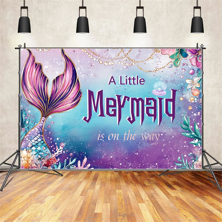 Purple Baby Shower Backdrop Glittery Mermaid Tail Seashells Backdrop UK CSH2-167