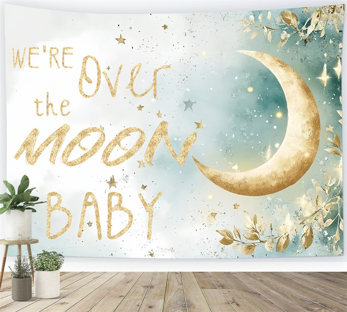 Moon And Stars Baby Shower Backdrop Shimmery Foliage Backdrop UK CSH2-170