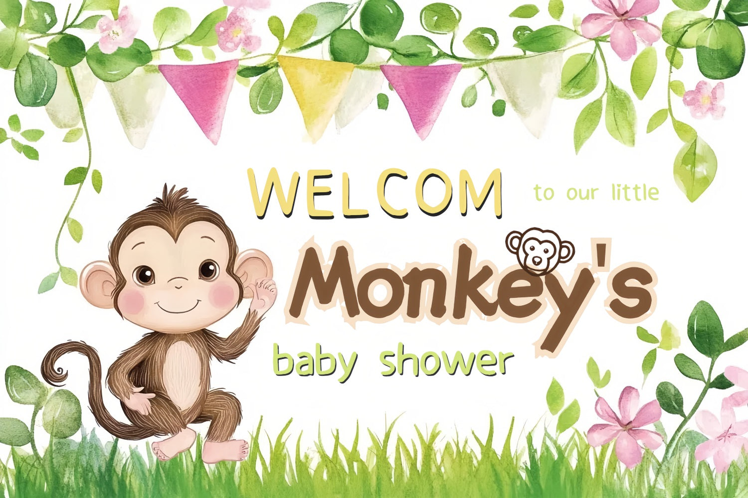 Baby Shower Backdrop Ideas Playful Monkey Flower Welcome Backdrop UK CSH2-205