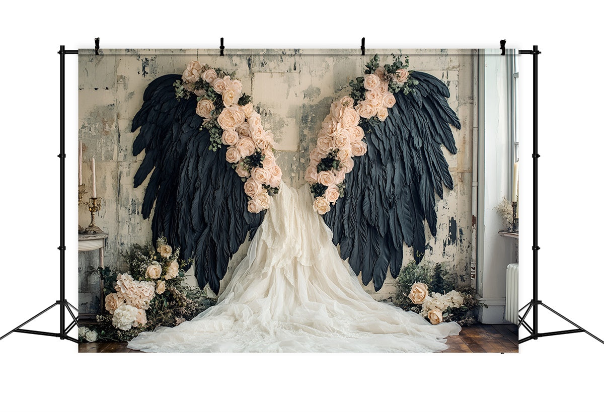 Flower Wall Backdrop Black Feathered Wings Rose Backdrop UK CSH2-226