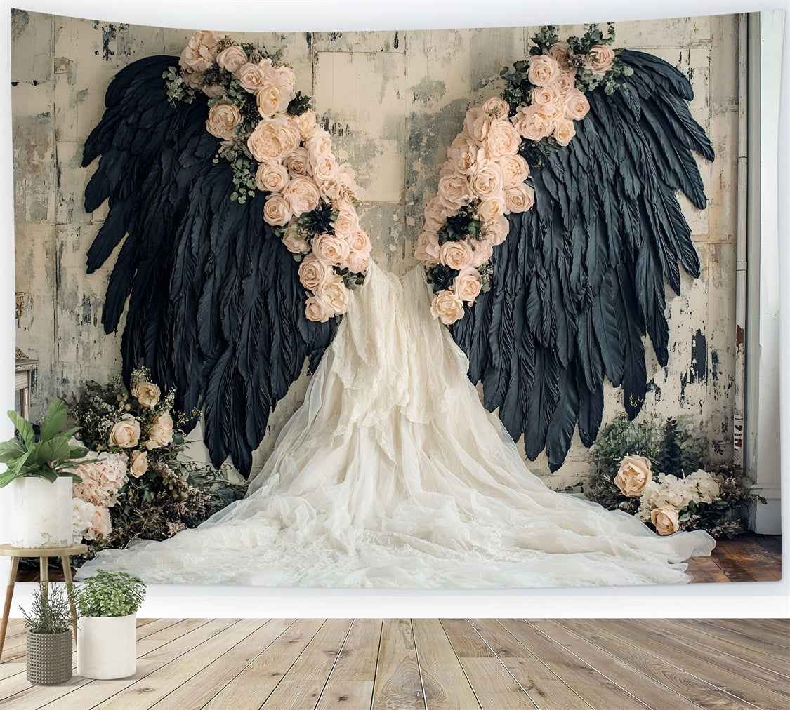 Flower Wall Backdrop Black Feathered Wings Rose Backdrop UK CSH2-226