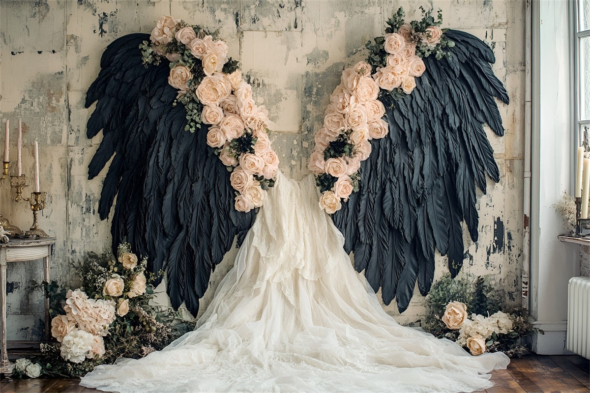 Flower Wall Backdrop Black Feathered Wings Rose Backdrop UK CSH2-226