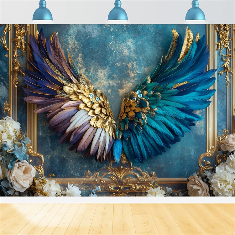 Vintage Wall Backdrop Opulent Peacock Wings Blue Backdrop UK CSH2-228