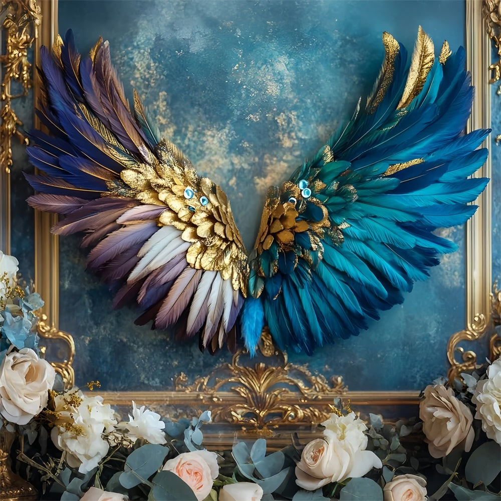 Vintage Wall Backdrop Opulent Peacock Wings Blue Backdrop UK CSH2-228