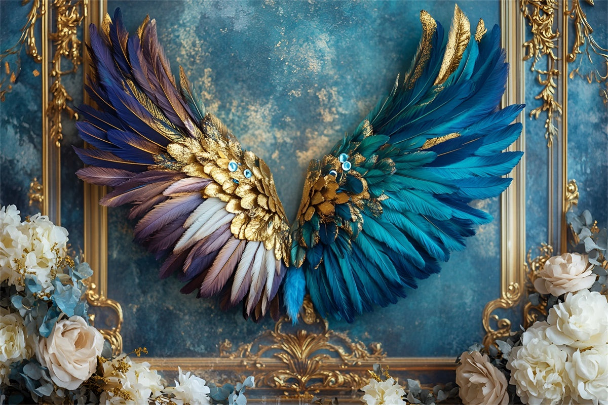 Vintage Wall Backdrop Opulent Peacock Wings Blue Backdrop UK CSH2-228