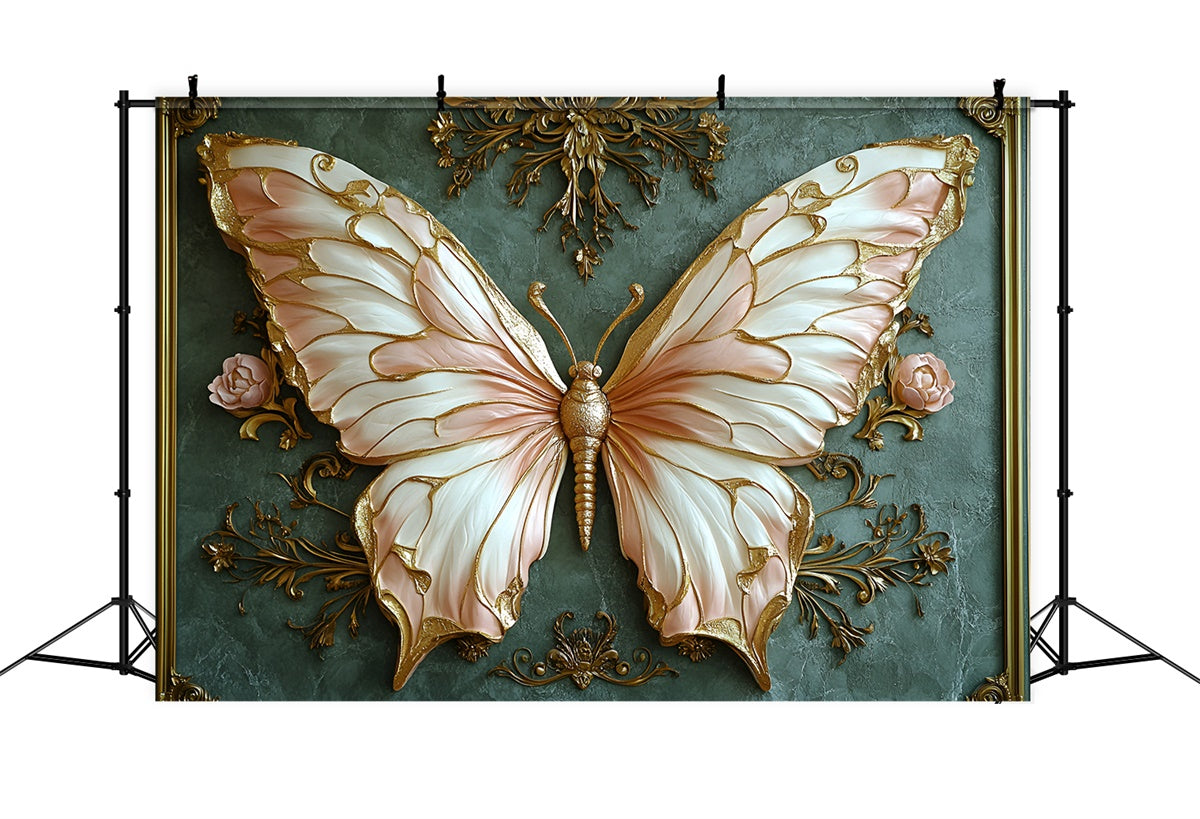 Vintage Green Wall Backdrop Luxurious Butterfly Gold Accents Backdrop UK CSH2-237