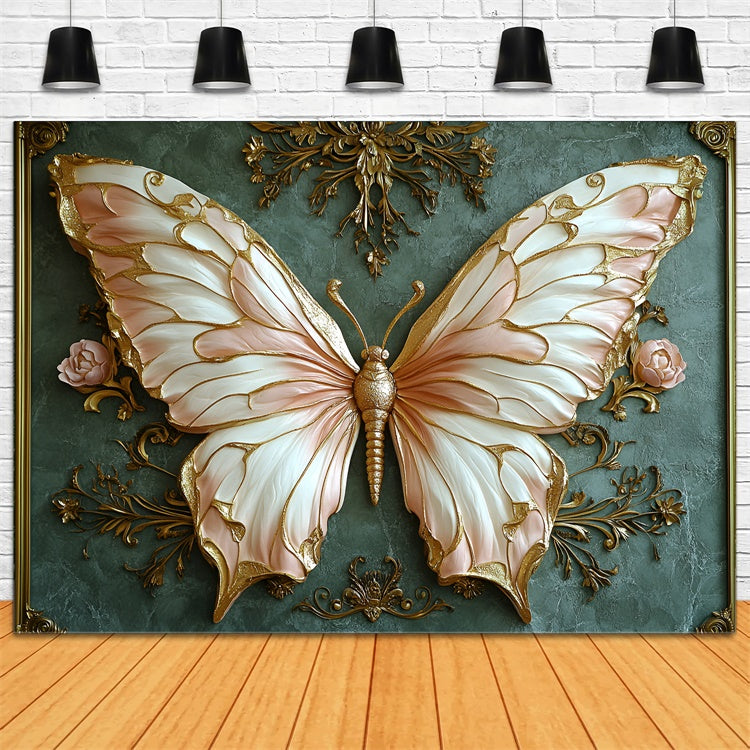 Vintage Green Wall Backdrop Luxurious Butterfly Gold Accents Backdrop UK CSH2-237