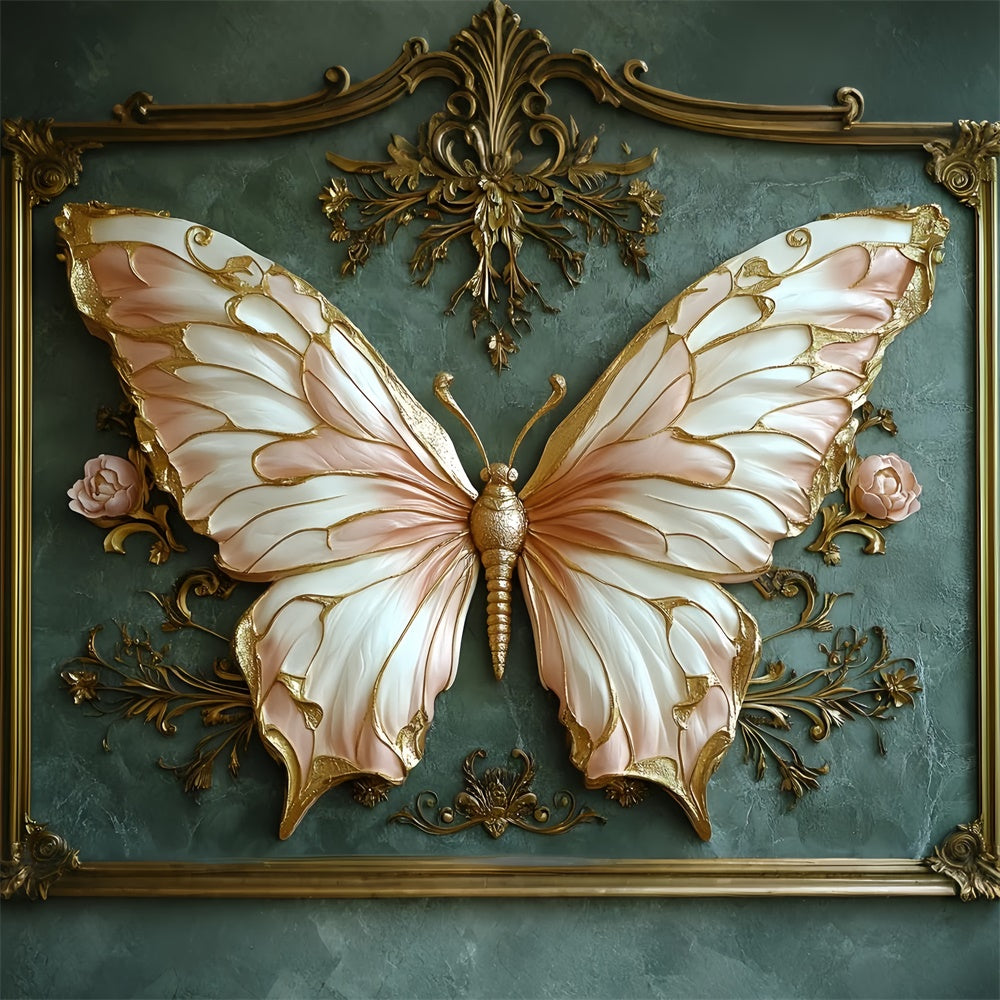 Vintage Green Wall Backdrop Luxurious Butterfly Gold Accents Backdrop UK CSH2-237