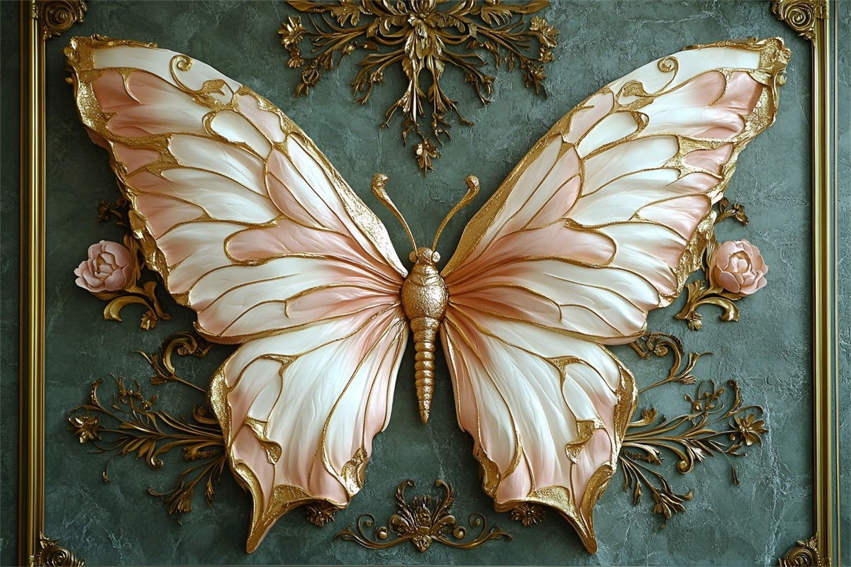 Vintage Green Wall Backdrop Luxurious Butterfly Gold Accents Backdrop UK CSH2-237