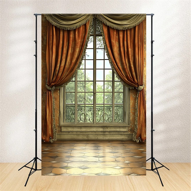 Vintage Wall Backdrop Warm Orange Curtains Window Backdrop UK CSH2-254