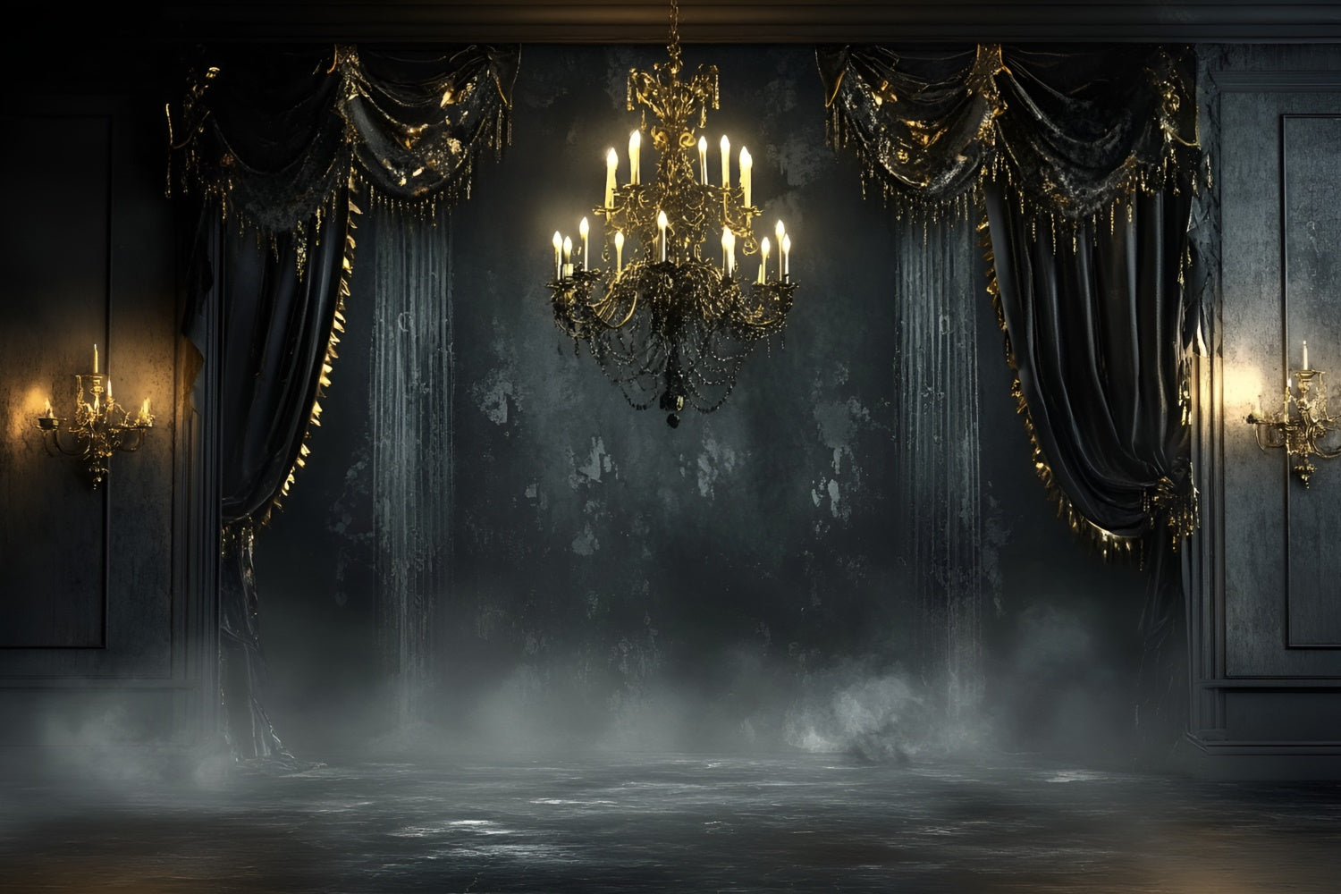 Black Wall Backdrop Gothic Black Chandelier Ballroom Backdrop UK CSH2-256