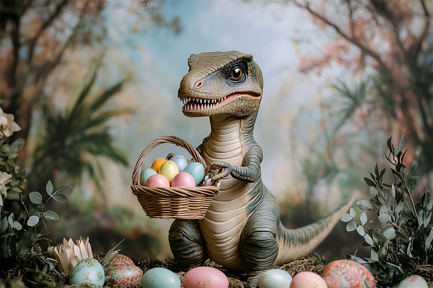 Easter Backdrop Photography Dino Colorful Egg Basket Backdrop UK CSH2-29