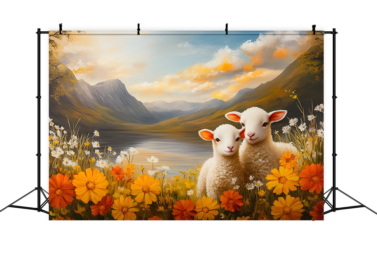 Easter Picture Backdrops Adorable Lambs Mountain View Backdrop UK CSH2-31