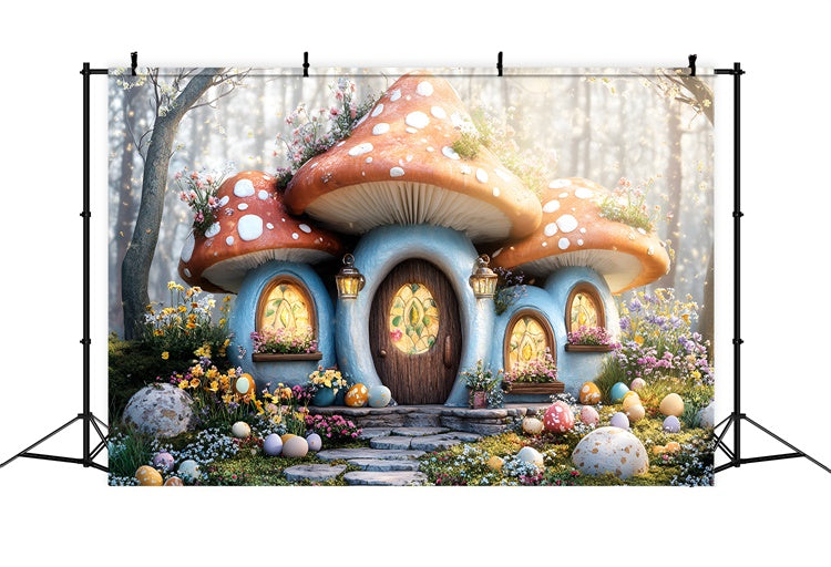 Backdrop Easter Cozy Mushroom House Egg Garden Backdrop UK CSH2-37