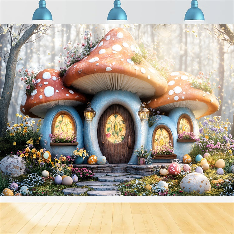 Backdrop Easter Cozy Mushroom House Egg Garden Backdrop UK CSH2-37