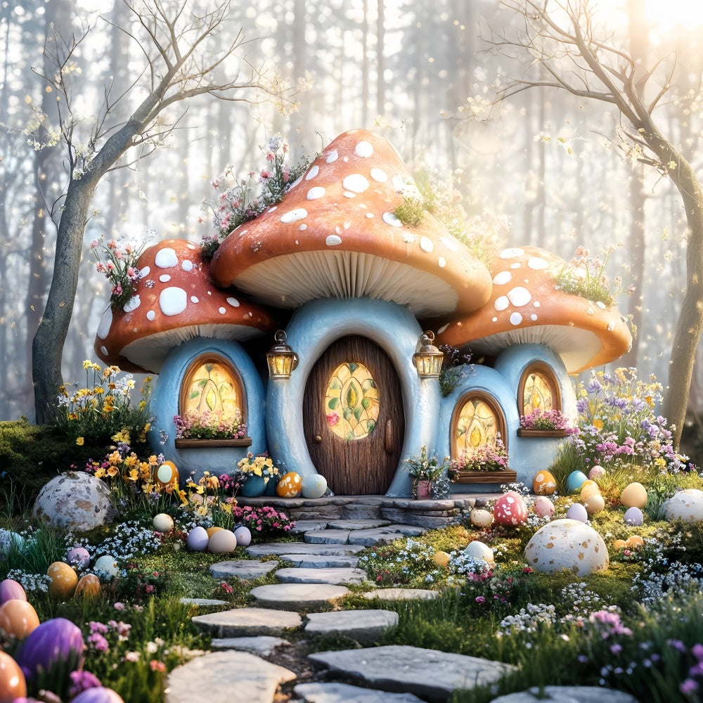 Backdrop Easter Cozy Mushroom House Egg Garden Backdrop UK CSH2-37