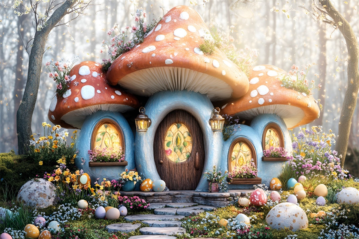 Backdrop Easter Cozy Mushroom House Egg Garden Backdrop UK CSH2-37