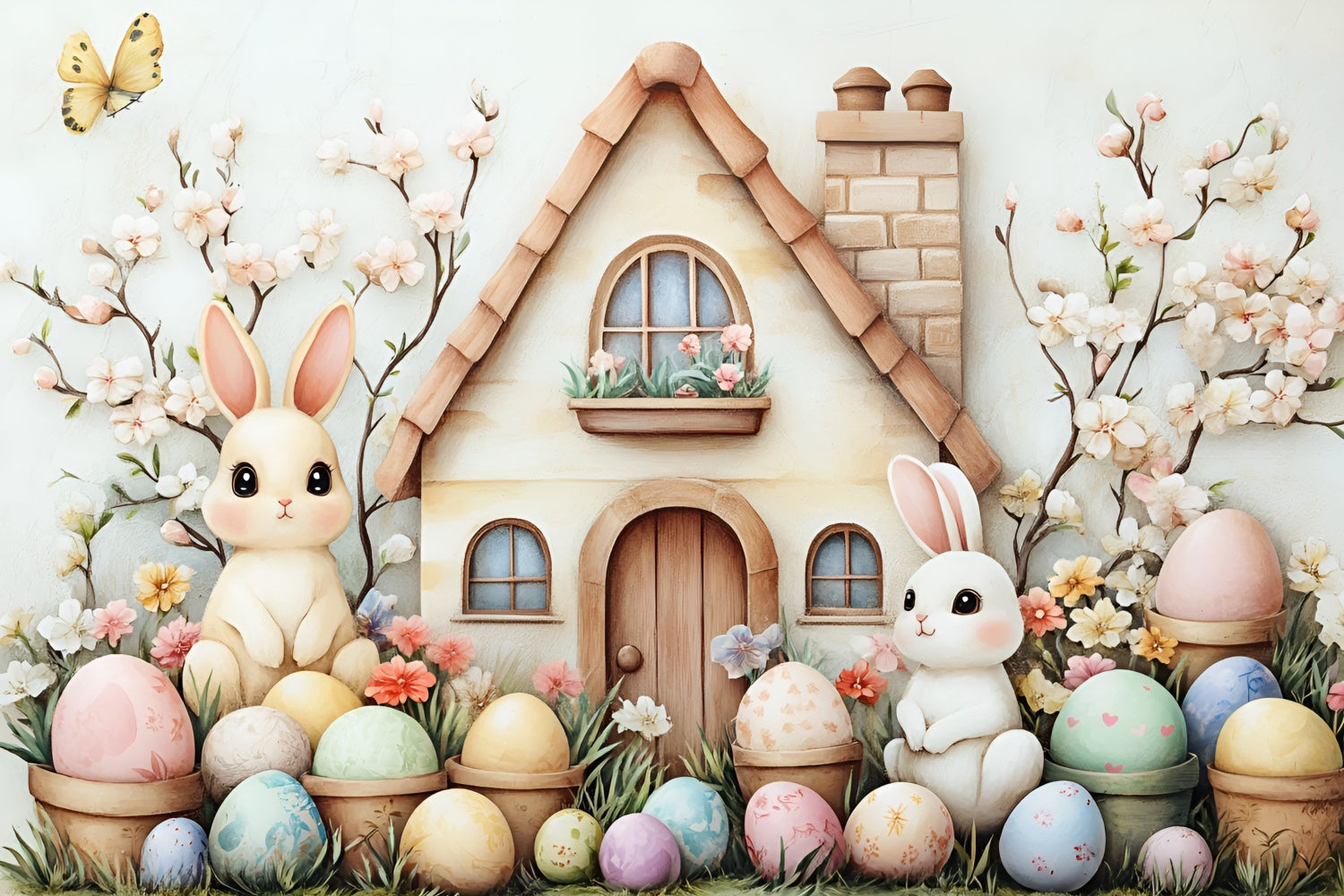 Easter Picture Backdrops Floral Eggs Bunny House Backdrop UK CSH2-5