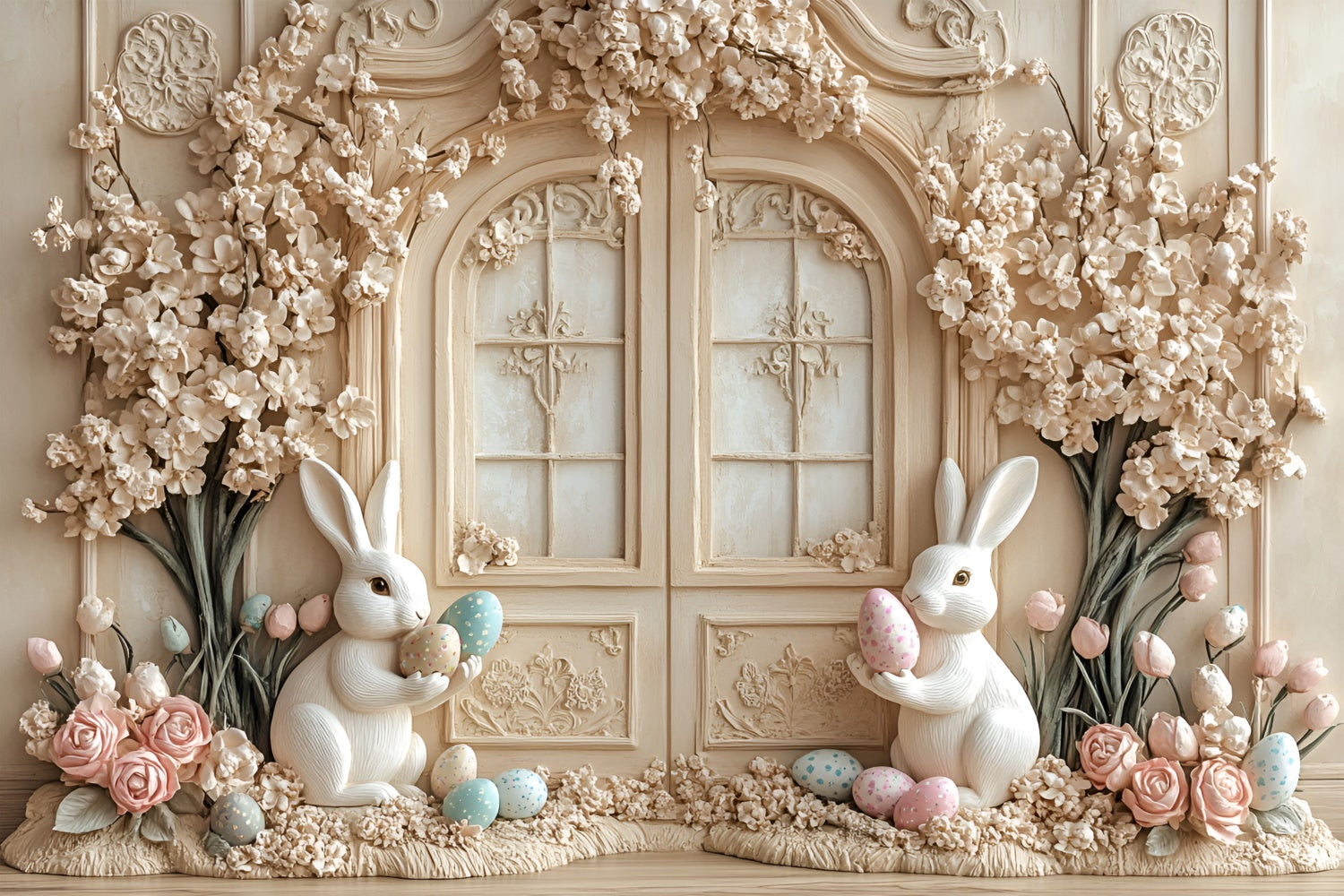 Easter Photo Backdrop Creamy Floral Bunny Fantasy Backdrop UK CSH2-57