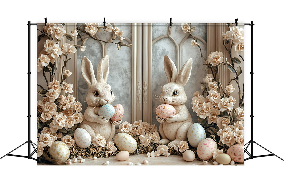 Easter Photography Backdrops Soft Beige Floral Bunny Backdrop UK CSH2-58