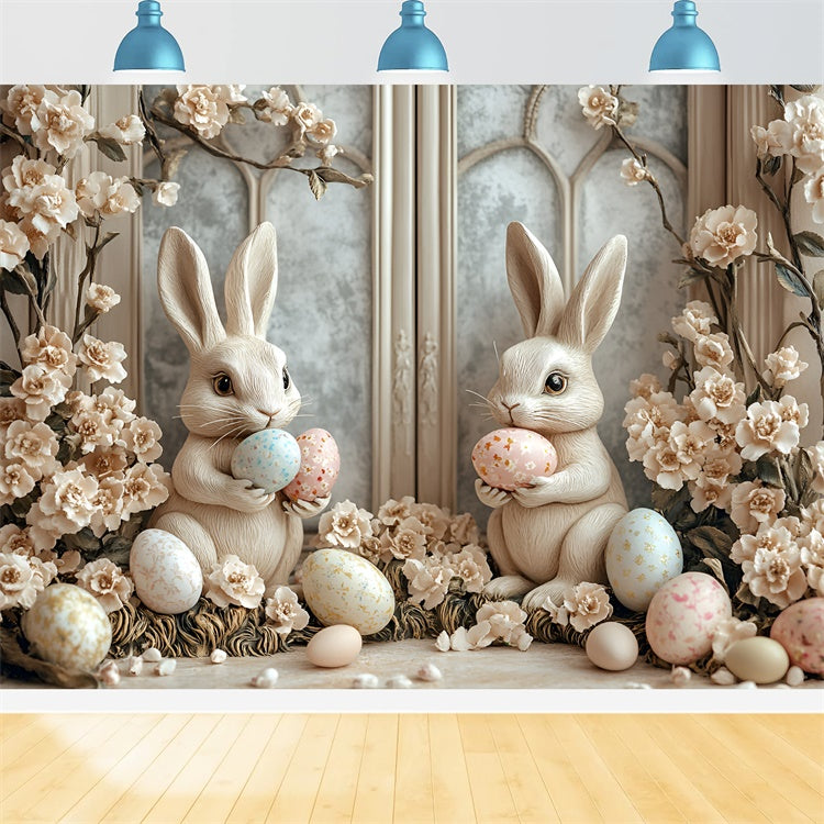 Easter Photography Backdrops Soft Beige Floral Bunny Backdrop UK CSH2-58