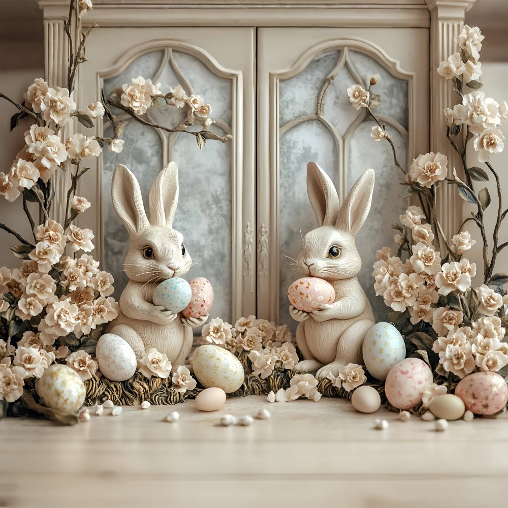 Easter Photography Backdrops Soft Beige Floral Bunny Backdrop UK CSH2-58