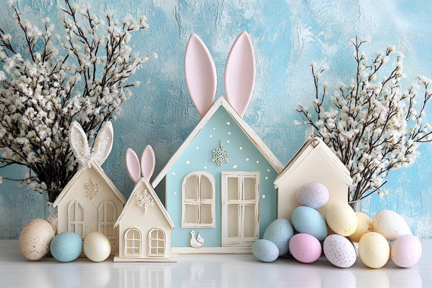 Easter Backdrop Photography Dreamy Bunny Cottage Blue Backdrop UK CSH2-62