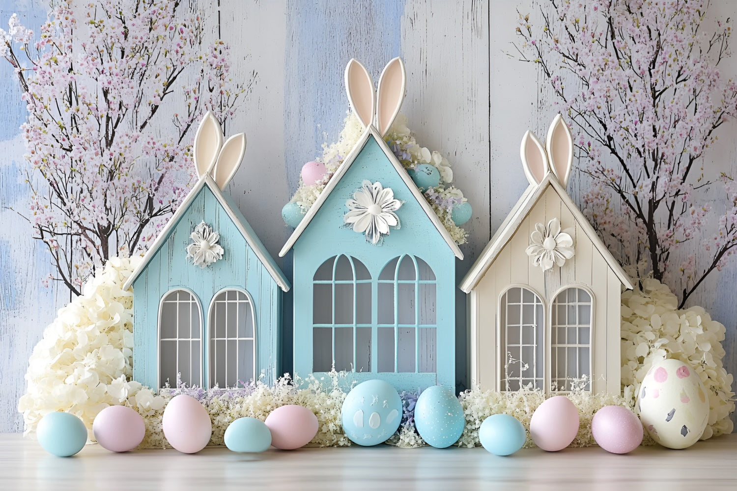 Photo Backdrops For Easter Pastel Bunny House Floral Backdrop UK CSH2-63