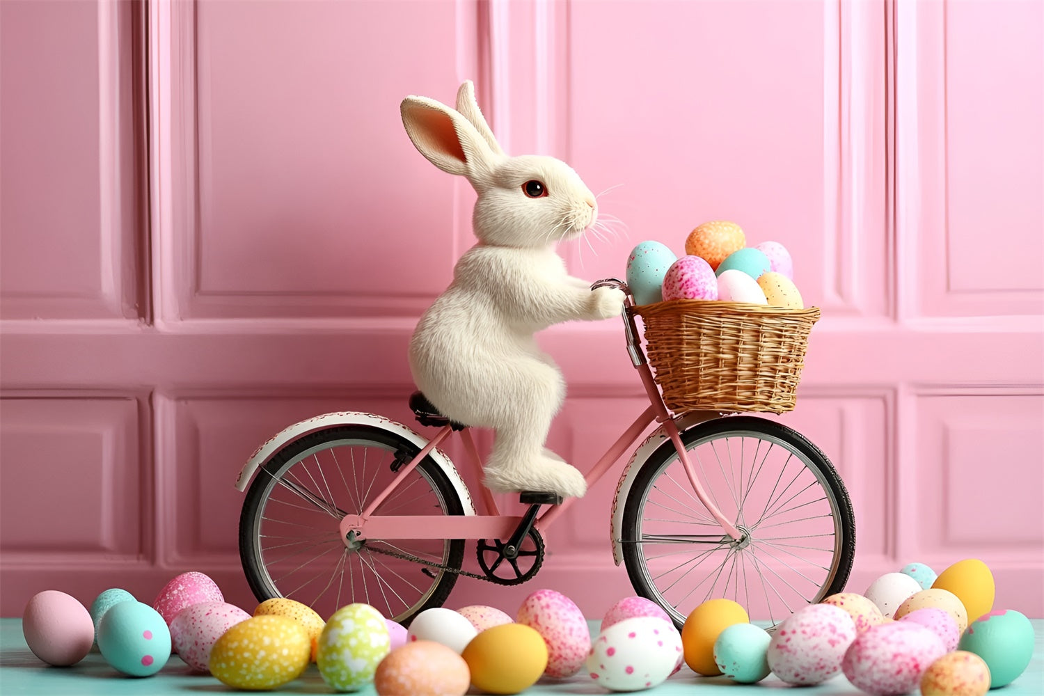 Photography Easter Backdrop Bunny Rides Bicycle Pink Backdrop UK CSH2-88