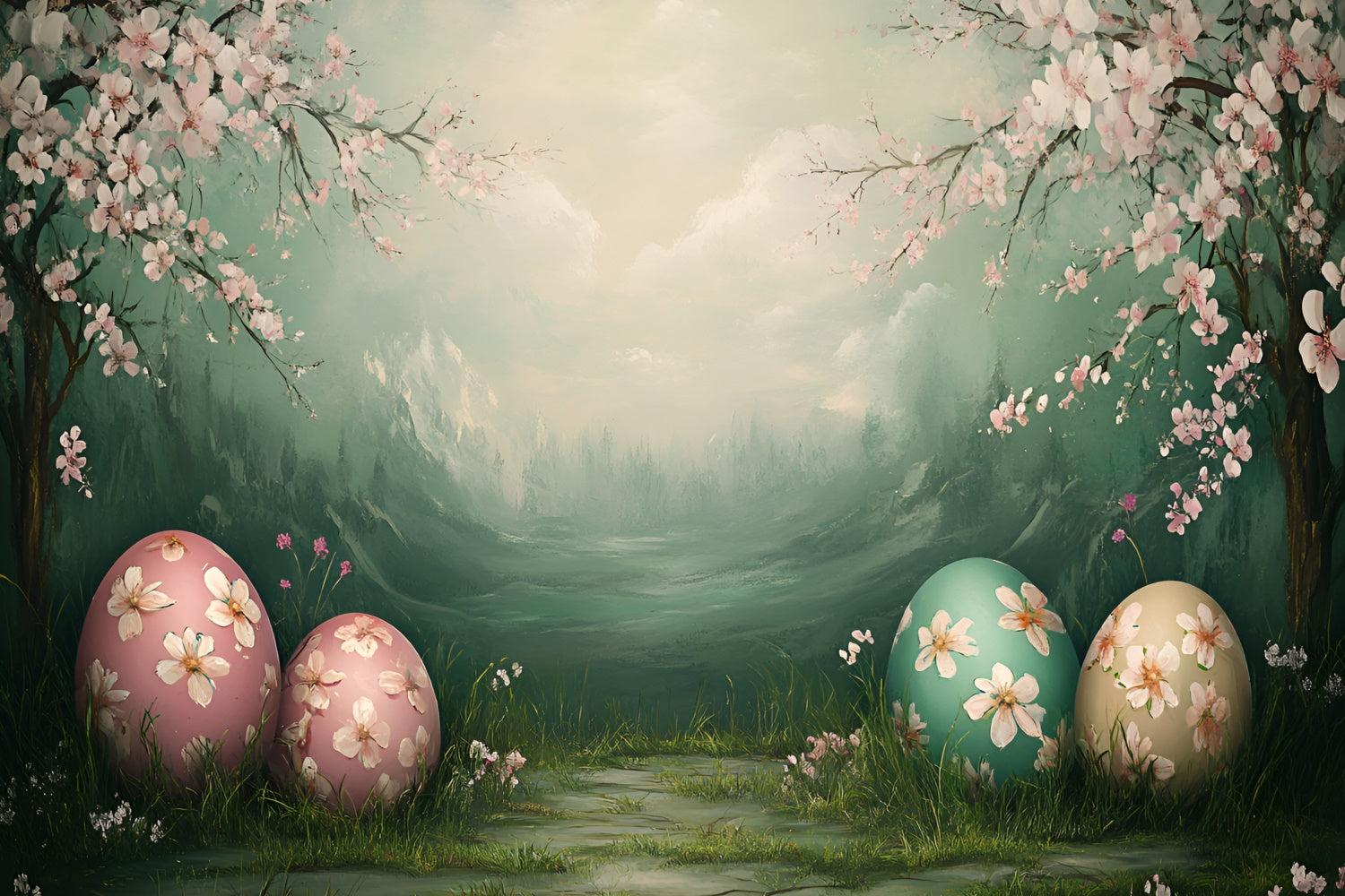 Backdrop For Easter Cherry Blossom Pastel Eggs Backdrop UK CSH2-9