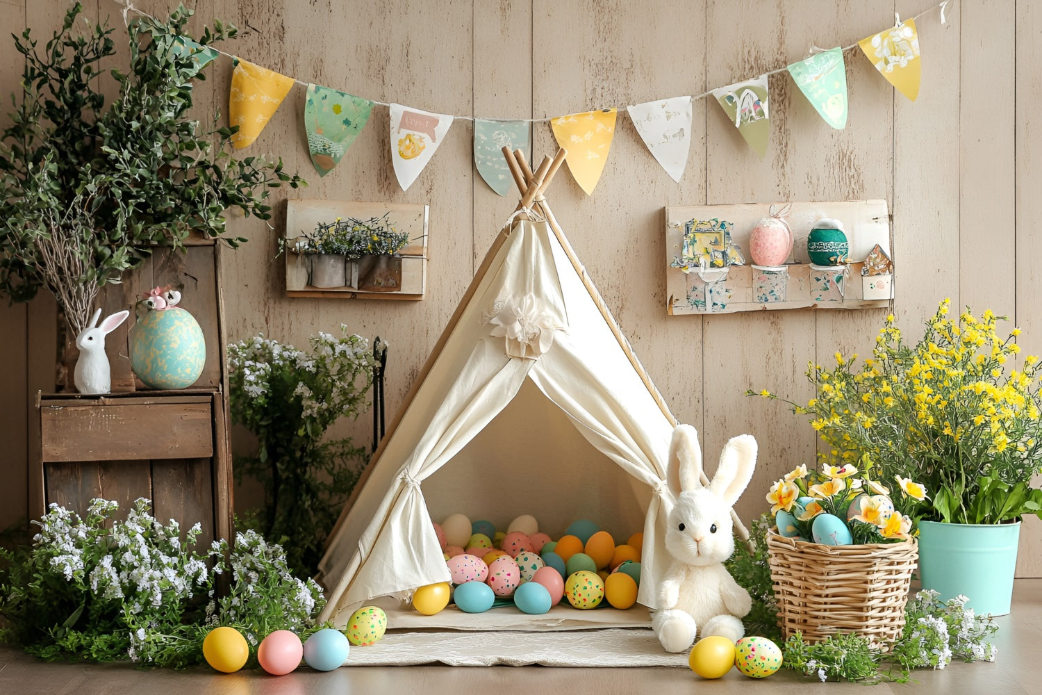 Photo Backdrops For Easter Vintage Bunny Teepee Egg Backdrop UK CSH2-92