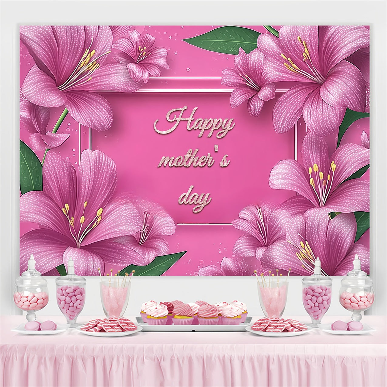 Mother's Day Backdrop Pink Lily Floral Frame Customized Backdrop UK CSH3-131