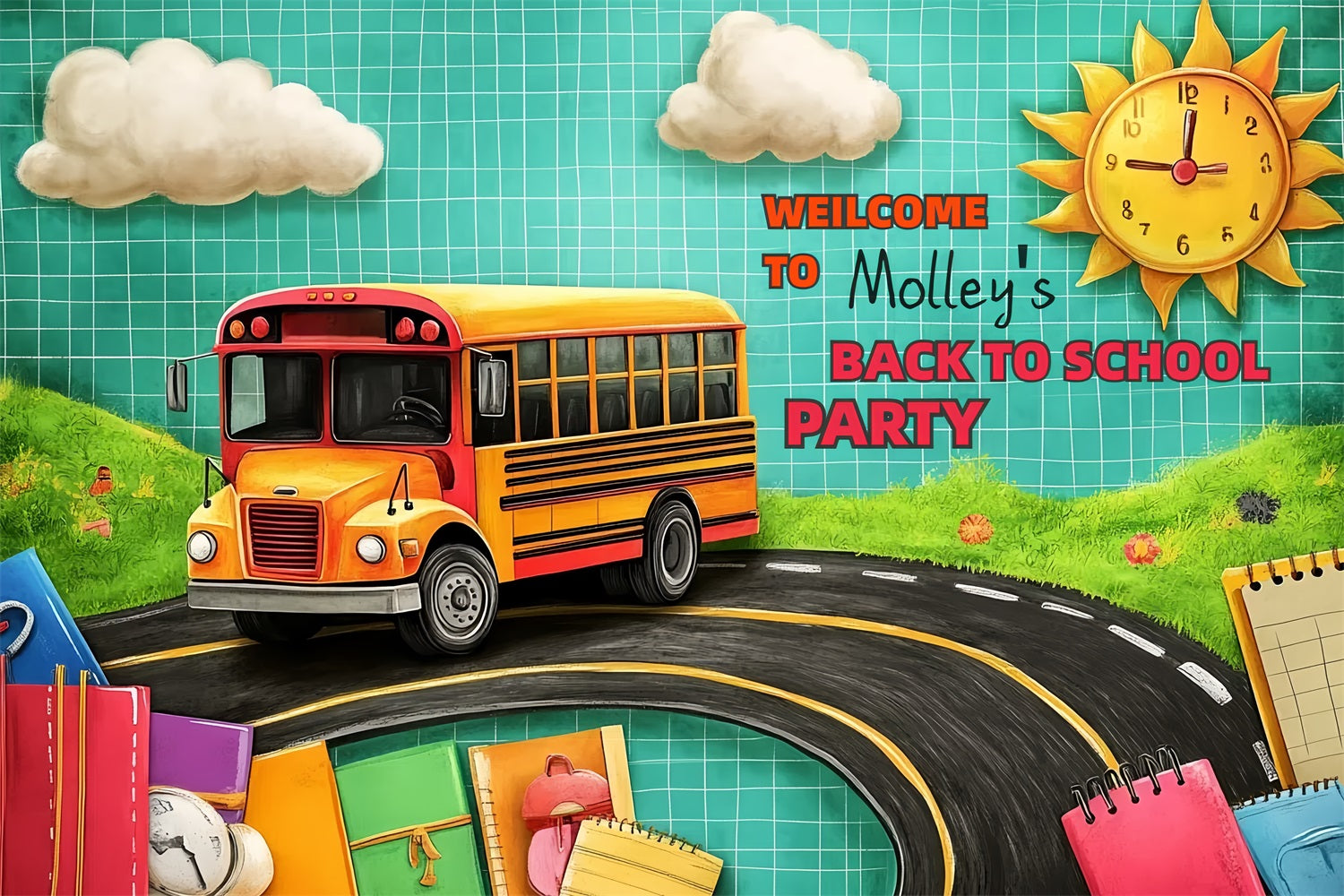 Backdrop For Back To School School Bus Adventure Custom Backdrop UK CSH3-90