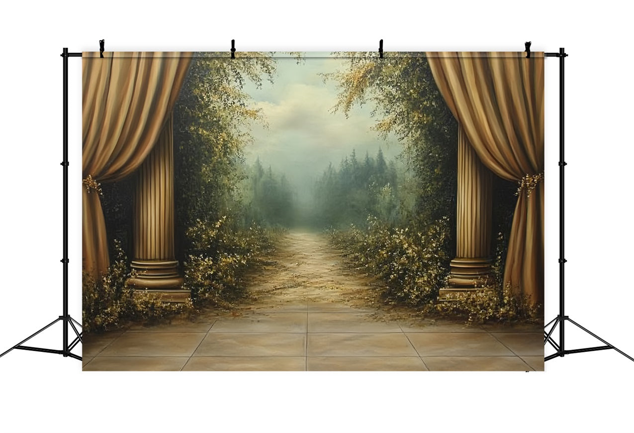Victorian Backdrop Golden Curtains Forest Pathway Vintage Backdrop UK CSH4-269