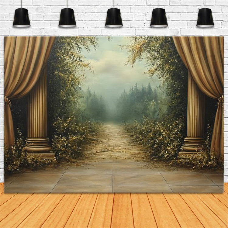 Victorian Backdrop Golden Curtains Forest Pathway Vintage Backdrop UK CSH4-269