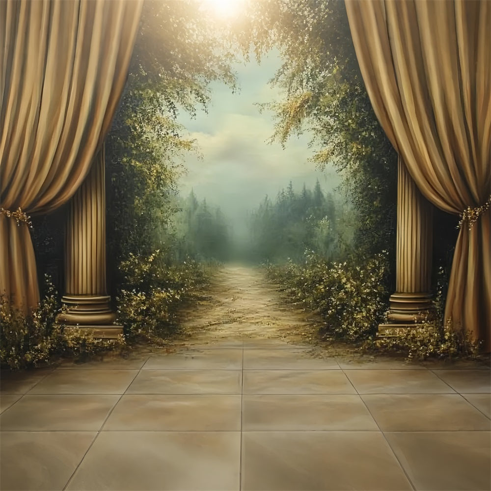 Victorian Backdrop Golden Curtains Forest Pathway Vintage Backdrop UK CSH4-269