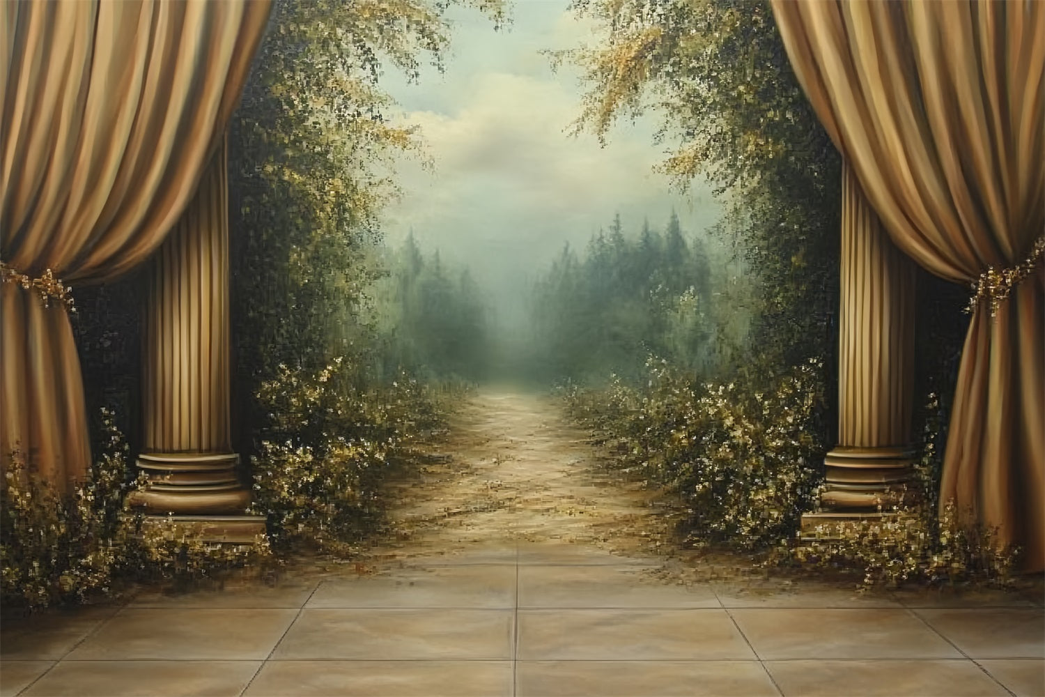 Victorian Backdrop Golden Curtains Forest Pathway Vintage Backdrop UK CSH4-269