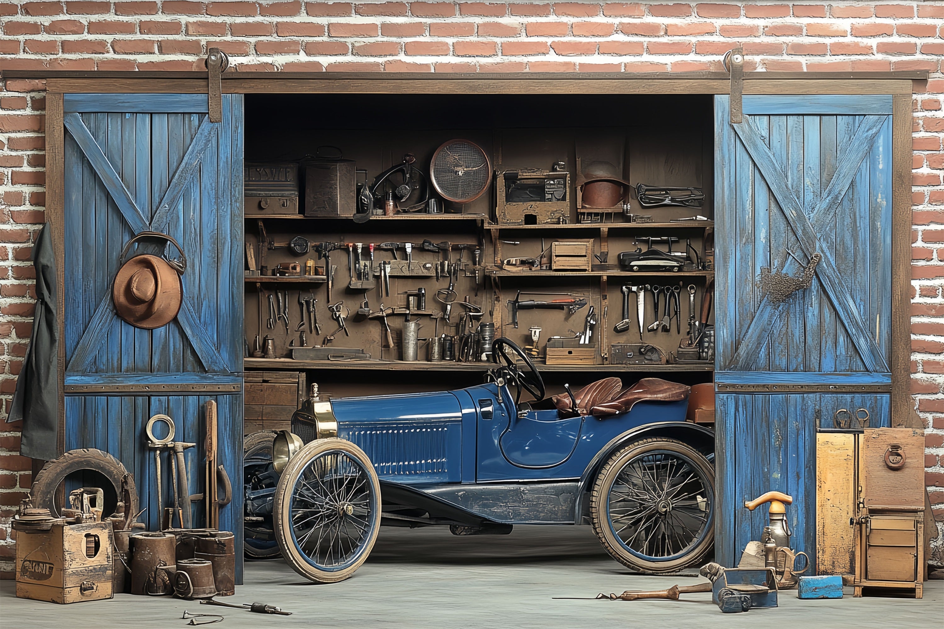 Antique Photo Backdrop Car Workshop Vintage Photography Backdrop UK CSH4-297