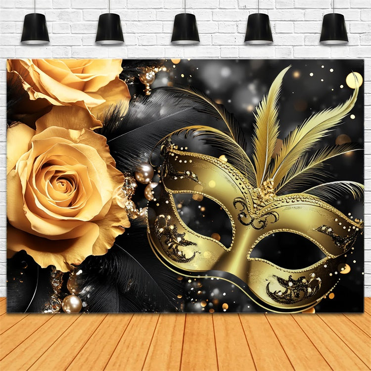 Masquerade Party Ideas Black Feather Floral Mask Backdrop UK CSH5-228