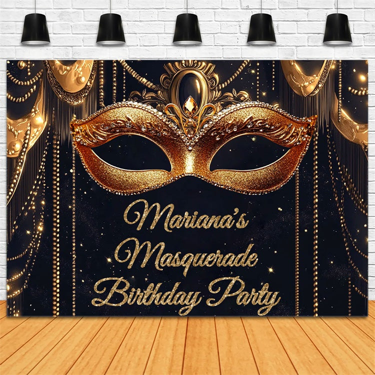 Masquerade Party Backdrop Gold Sparkling Mask Custom Birthday Backdrop UK CSH5-255