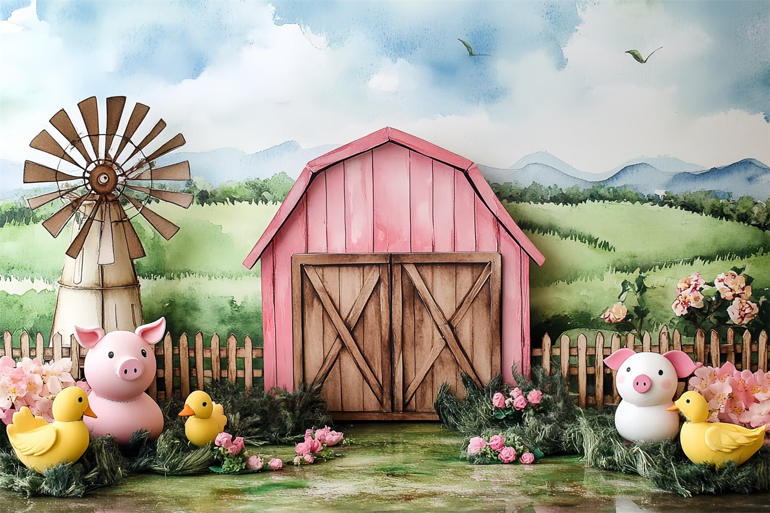 Barn Backdrop Pink Barn Country Critters Backdrop UK CSH5-299