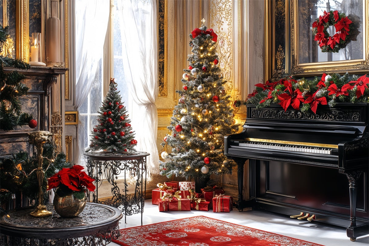 Vintage Christmas Backdrop Festive Golden Piano Backdrop UK CSH57-102