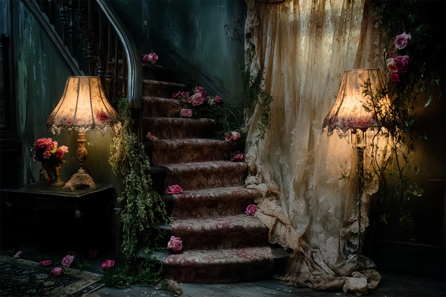 Antique Backdrop Faded Rose Staircase Vintage Photo Backdrop UK CSH57-108